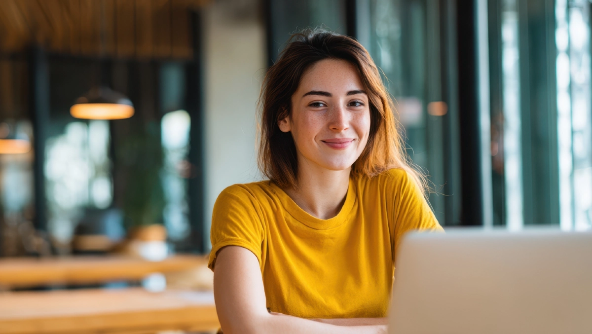 Tech-tjej i gul t-shirt vid sin laptop