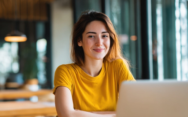 Ung kvinnlig deltagare i Experis Academys talangprogram vid sin laptop